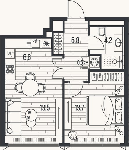 Планировка: 2-к, 44,3 м²