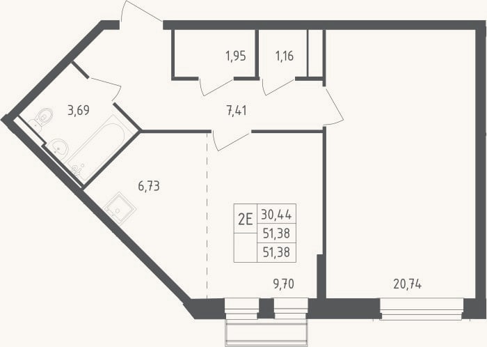 Планировка: 2-к, 51,4 м²