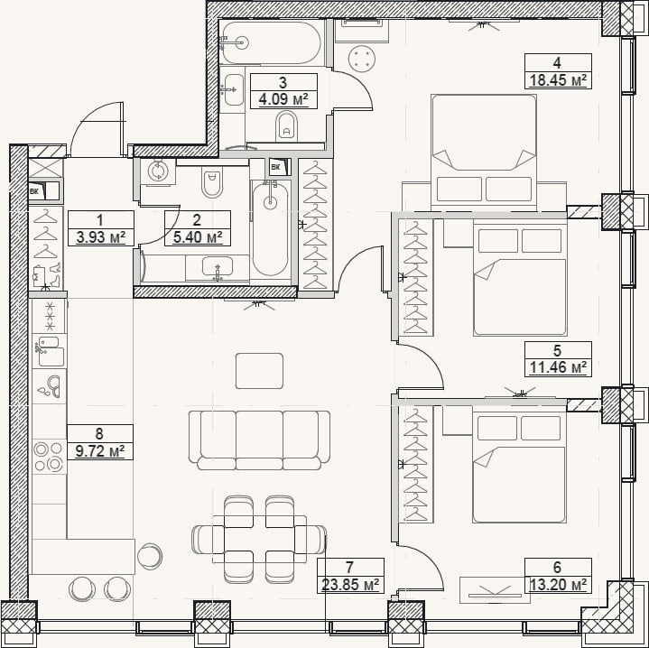 Планировка: 4+ к, 90,1 м²