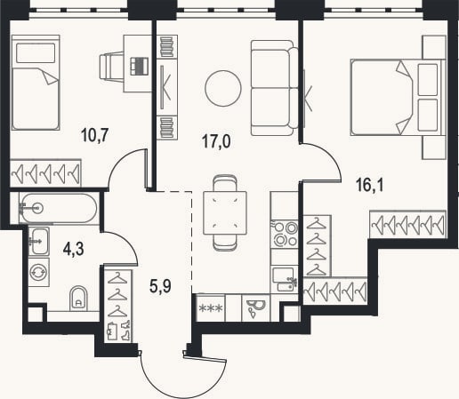 Планировка: 2-к, 54 м²