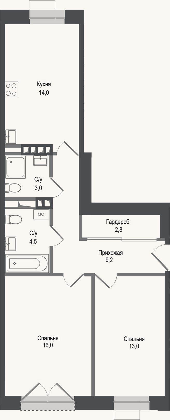 Планировка: 2-к, 62,5 м²