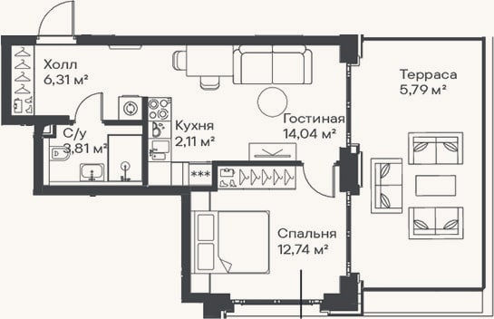 Планировка: 2-к, 39 м²