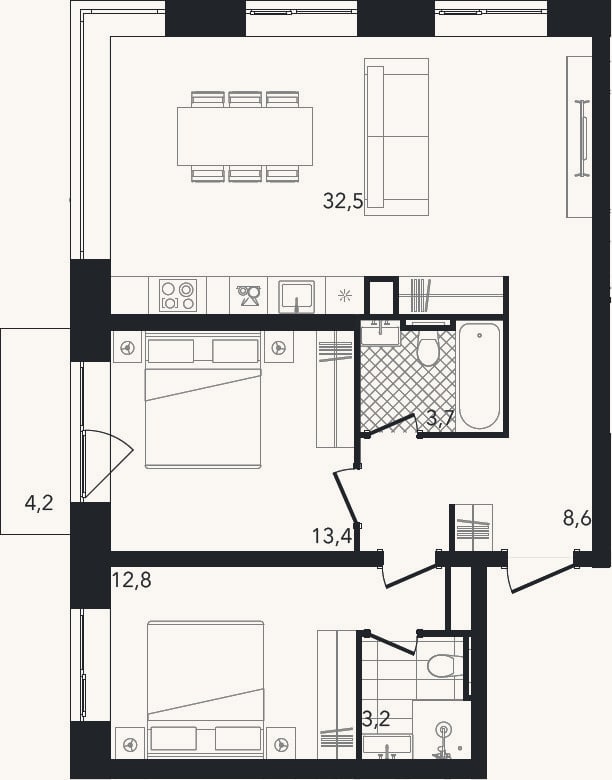 Планировка: 3-к, 74,2 м²