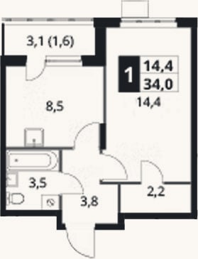 Планировка: 1-к, 32,4 м²