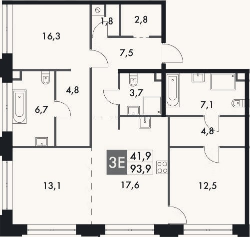 Планировка: 3-к, 97,4 м²