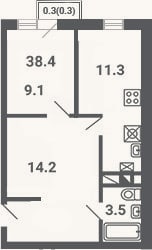 Планировка: 1-к, 38,1 м²