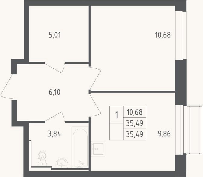 Планировка: 1-к, 35,5 м²