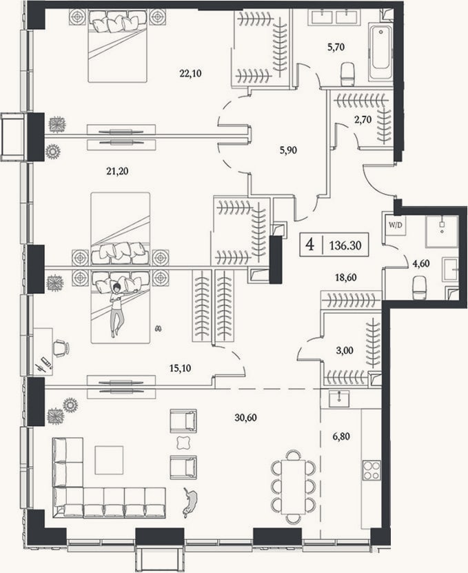 Планировка: 4+ к, 136,3 м²