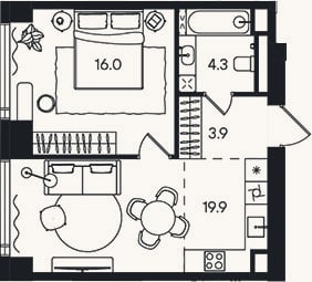 Планировка: 2-к, 44,5 м²