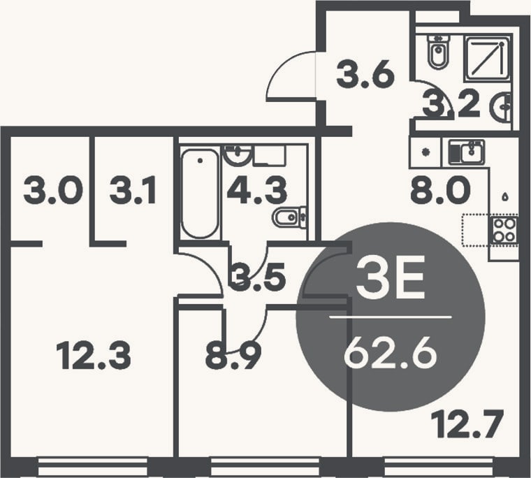 Планировка: 3-к, 62,6 м²