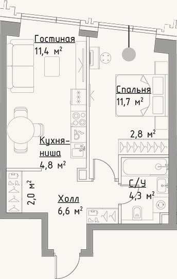 Планировка: 2-к, 43,6 м²