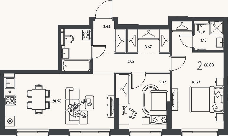 Планировка: 2-к, 66,9 м²