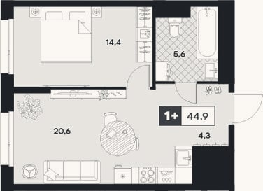 Планировка: 1-к, 44,9 м²