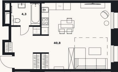 Планировка: Студия, 45,1 м²