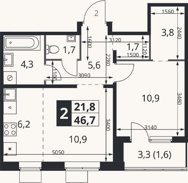 Планировка: 2-к, 45 м²