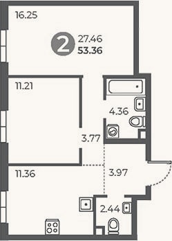 Планировка: 2-к, 53,4 м²