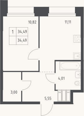 Планировка: 1-к, 34,5 м²