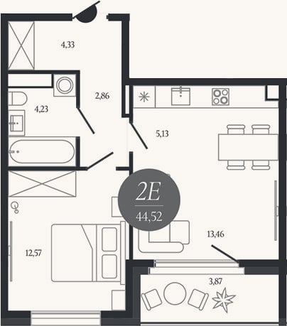 Планировка: 2-к, 42,6 м²