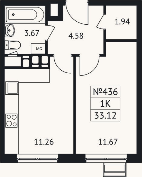 Планировка: 1-к, 33,1 м²