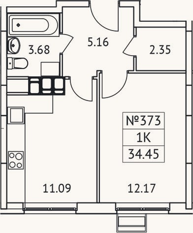 Планировка: 1-к, 34,5 м²
