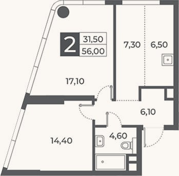 Планировка: 2-к, 56 м²