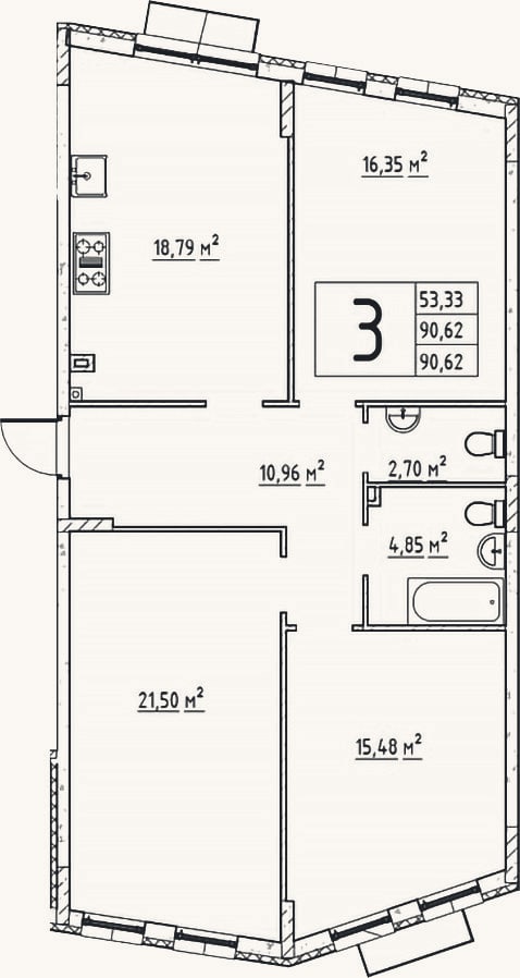 Планировка: 3-к, 90,7 м²