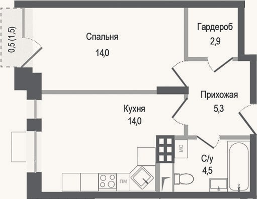 Планировка: 1-к, 40,7 м²