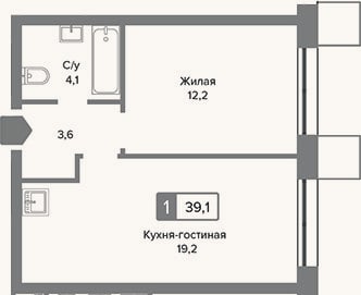 Планировка: 2-к, 39,1 м²