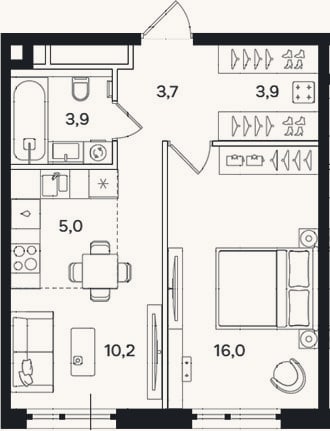 Планировка: 2-к, 42,7 м²