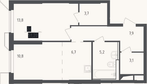 Планировка: 2-к, 51,2 м²