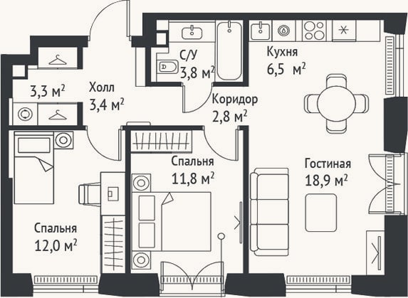 Планировка: 3-к, 62,5 м²