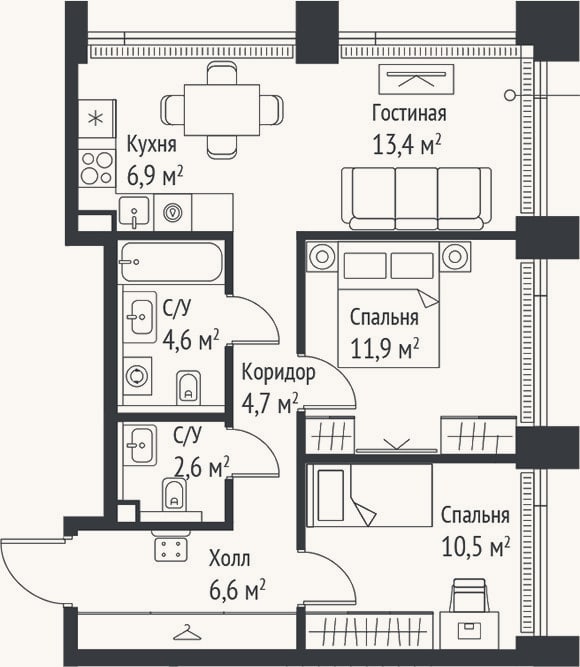 Планировка: 3-к, 61,2 м²