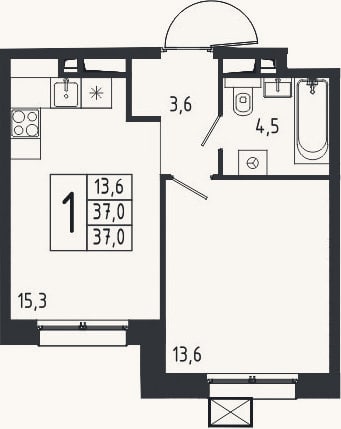 Планировка: 1-к, 37 м²