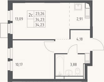 Планировка: 2-к, 34,2 м²