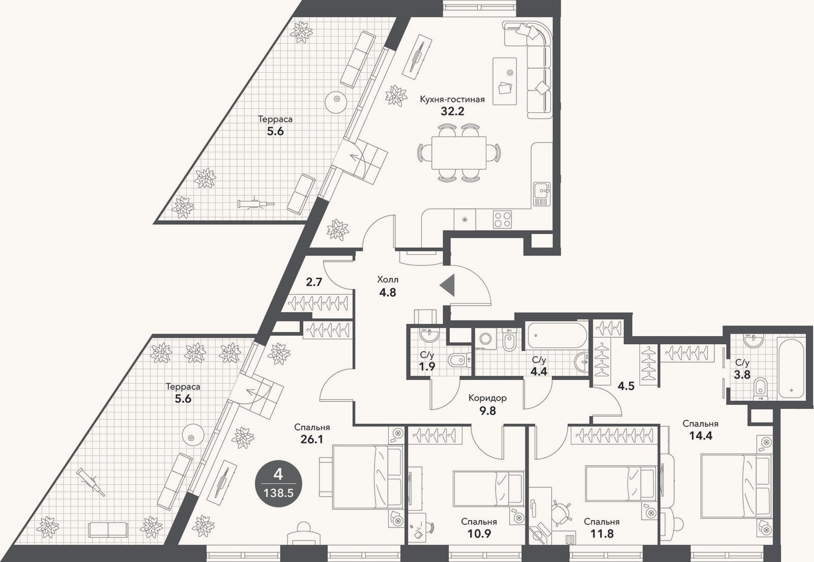 Планировка: 4+ к, 127,3 м²