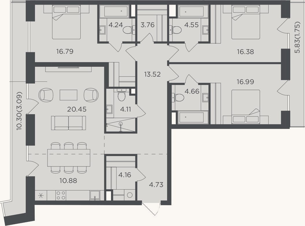 Планировка: 4+ к, 125,2 м²