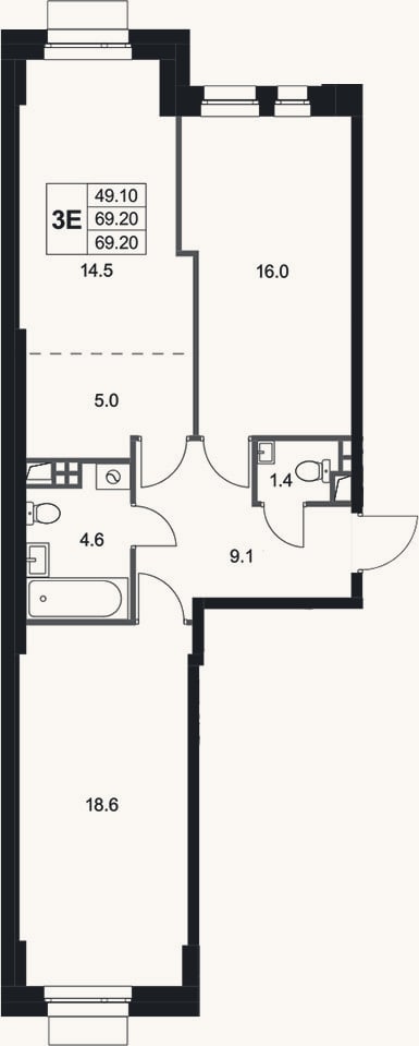 Планировка: 3-к, 69,2 м²