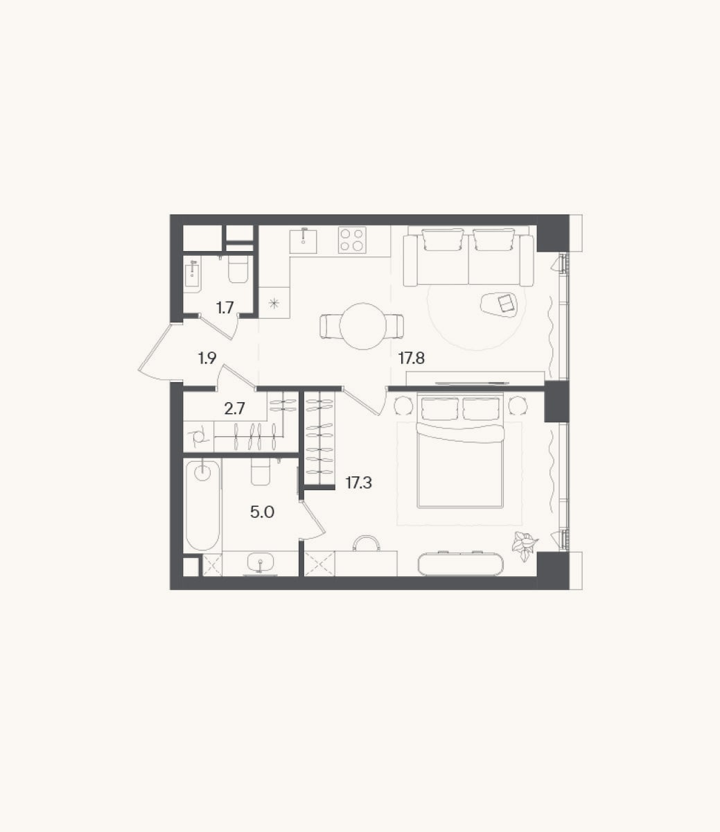 Планировка: 2-к, 46,4 м²