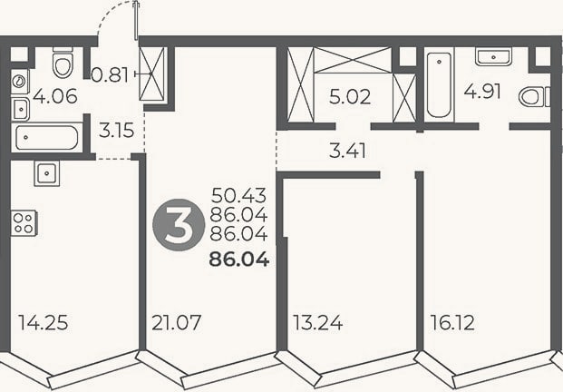 Планировка: 3-к, 86 м²