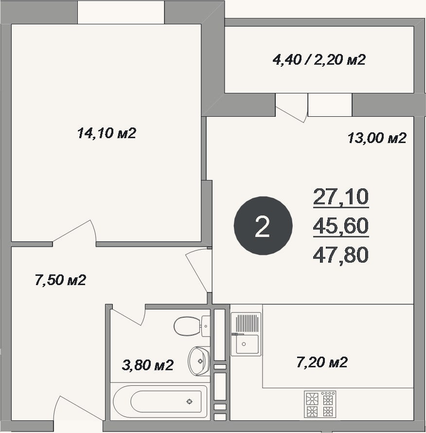 Планировка: 2-к, 45,6 м²