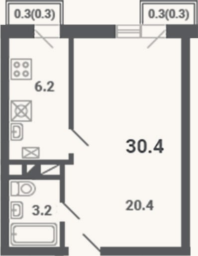 Планировка: 1-к, 29,8 м²