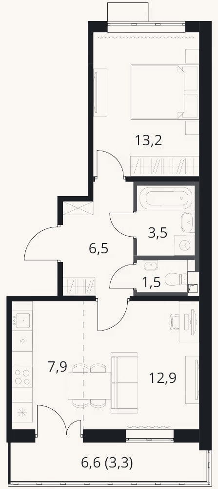 Планировка: 2-к, 45,4 м²