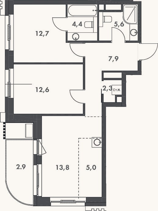 Планировка: 3-к, 64,3 м²