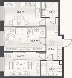 Планировка: 2-к, 56,2 м²