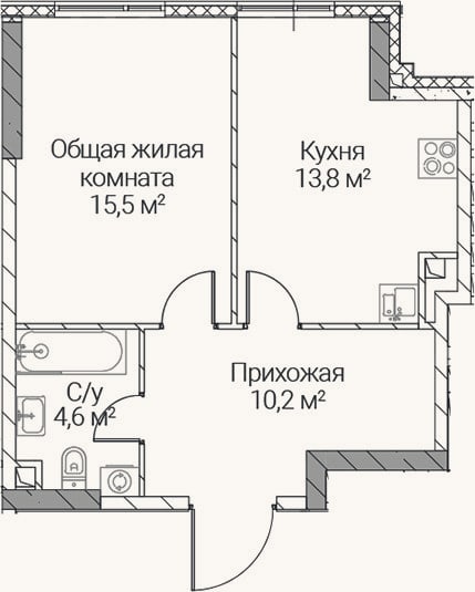 Планировка: 1-к, 44,1 м²