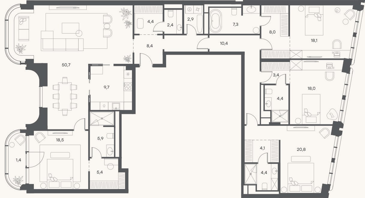 Планировка: 4+ к, 205 м²