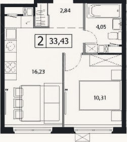 Планировка: 2-к, 33,4 м²