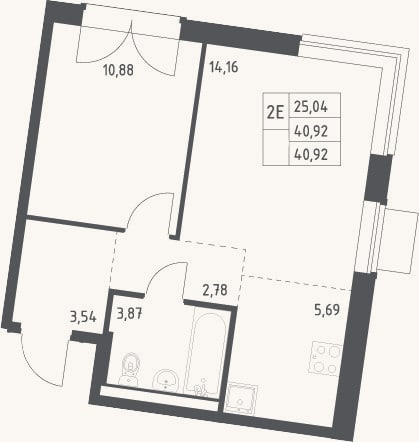 Планировка: 2-к, 40,9 м²