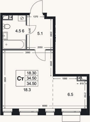 Планировка: Студия, 34,5 м²