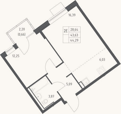 Планировка: 2-к, 43,6 м²